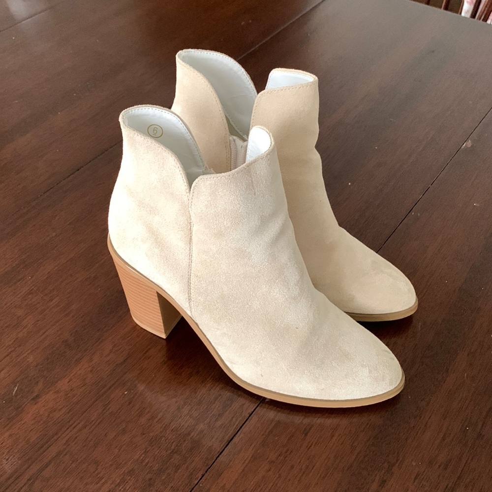 Nude faux suede heeled booties